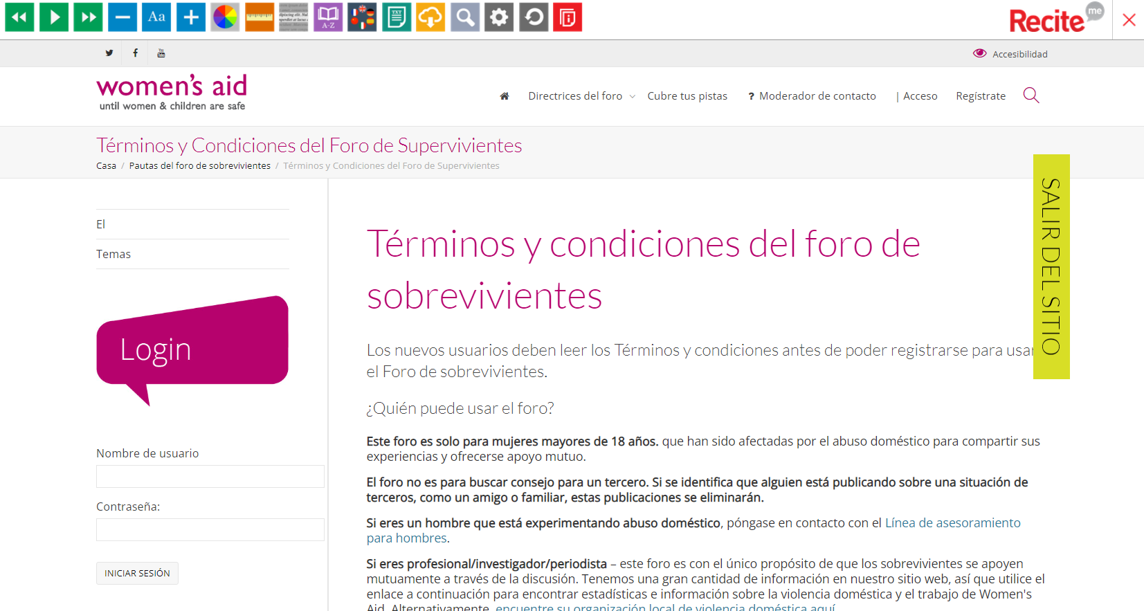 Screenshot of the forum terms and conditions in Spanish